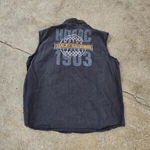 Vtg 90s HARLEY DAVIDSON Checkered Flag Biker Chopped Sleeve Button Up Shirt XXL